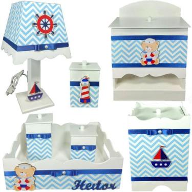 Imagem de Kit Higiene bebê Mdf decorado 7 pçs - URSO MARINHEIRO CHEVRON AZUL BB 