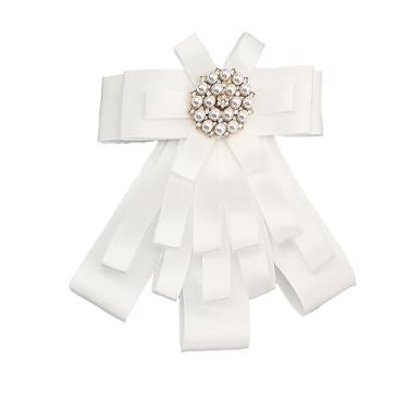 Imagem de Chamvino Broche de fita de laço grande para mulheres e meninas com strass grandes clipes de gravata borboleta para camisas banco hotel aeromoça estudante profissional insígnia, Zinco Pérola sintética,