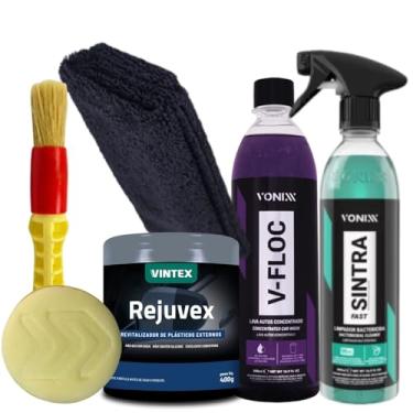 Imagem de Kit Limpeza Automotiva Vonixx, Rejuvex 400g, V-Floc 500ml, Sintra Fast 500ml, com Pincel e Acessórios