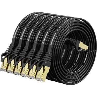 Imagem de Cabo Ethernet blindado Cat 7 (cabo de alta velocidade) Cat7 cabos de patch Ethernet plano - cabo de Internet para modem, roteador, LAN, computador - compatível com Cat 5e, rede Cat 6, 3ft 6Pack Black, 3 feet