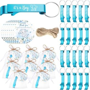Imagem de Quelay 50 conjuntos de lembrancinhas de chá de bebê para convidados abridor de garrafa de chá de bebê It's a Boy chaveiro com tema de elefante cartões de agradecimento e bolsa de presente chaveiro