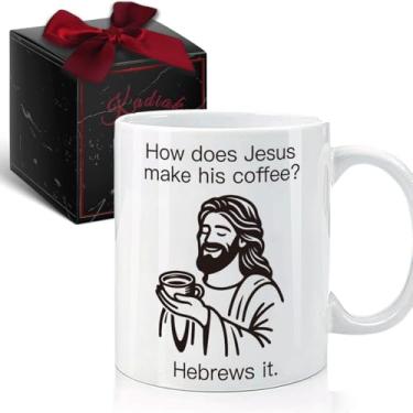 Imagem de How Does Jesus Make His Coffee Hebrews it Funny Christian Mug Gifts, Pastor Christmas Gifts, Novidade Caneca Presente para Mamãe Pai Amigos Colegas de Trabalho Mulheres Homem, Humor Religioso