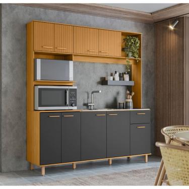 Imagem de Kit Cozinha Liz Para Pia 120m 9 Portas 1 Gaveta e Nicho p/ Microonda e Forno - Freijó Ripado/Grafite Acetinado Poliman