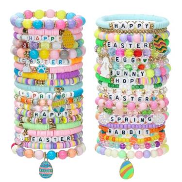 Imagem de Shcsdr 40 Pcs Easter Day Bracelets Set, Clay Stretch Stackable Friendship Bracelet for Women, Colorful Stretch Bracelets Egg Bunny Bracelets Easter Party Supplies