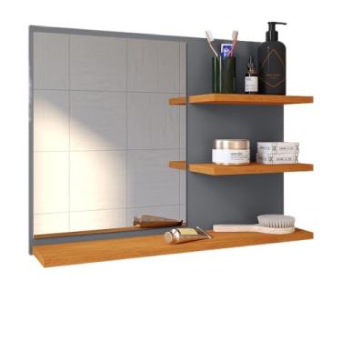 Imagem de Espelheira Para Banheiro Pequena Com Prateleiras MóVel Espelhado Para Banheiro Com Prateleira Organizadoras(Cinza e Cinamomo - Espelheira)