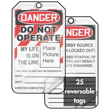 Imagem de Accuform Placa de bloqueio autolaminada da Signs MLT600LCP, Legend "DANGER DO NOT OPERATE MY LIFE IS ON THE LINE (coloque a imagem aqui)", 14,6 cm de comprimento x 8,25 cm de largura x 0,01 cm de espessura, PF-Cardstock, vermelho/preto sobre branco (pacote com 25)