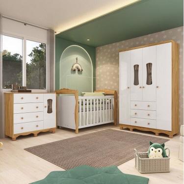 Imagem de Quarto de Bebê com Guarda-roupas 4 Portas Cômoda com Janelas e Berço 100% Mdf Aurora Espresso Móveis Branco Brilho/Amêndoa