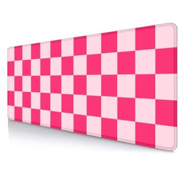 Imagem de SXCKANG Tapete de mouse para jogos rosa choque grande GG, tapete de mesa quadriculado estético, mouse pad estendido para computador feminino design feminino crianças meninas adolescentes arte