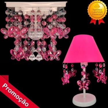 Imagem de Conjunto Abajur Luminária de Mesa + Lustre Plafon Decoração Quarto De Menina Iluminação Infantil Borboletas - Kit ( C ) Rosa