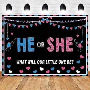 Imagem de MAQTT Faixa de poliéster para revelação de gênero para ele ou ela, azul ou rosa, menino, menina, bebê, foto, chuveiro, festa, pano de fundo, revelação de gênero, surpresa, banner, fotografia