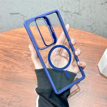 Imagem de HPQWN Para S24 Ultra Fold Lens Case Transparente Magnético Wirelesss Charge Hard Cover (Para S24 Ultra/Azul Marinho)