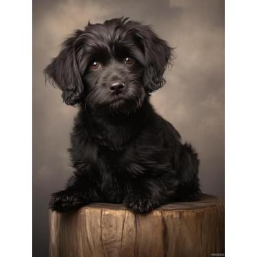 Imagem de HMDIIMGE Little Black Poodle on Stump 5D Diamond Art Painting by Number Kits para adultos Pintura DIY com broca completa diamante redondo pedras de pintura arte artesanato para decoração de parede de
