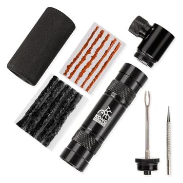 Imagem de KONG MING CAR Inflador de CO2 e kit de reparo de pneu sem câmara - compatível com bomba de pneu de bicicleta Presta/válvula Schrader - Corrija uma perfuração ou furadeira inclui recipiente de