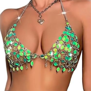 Imagem de Sutiã feminino com lantejoulas e folhas, costas nuas, boate, corrente de metal, joia corporal, camisola (verde), One Size, Metal, Sem Pedra Preciosa