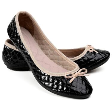Imagem de Sapatilha Feminina Matelassê em Verniz, Preto com Detalhe Bege, Laço Decorativo (PRETO/BEGE, BR, Adulto, Numérico, 34)