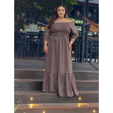 Imagem de Vestido Longo Plus Size Xadrez Ombro a Ombro Manga Inverno Moda Countr
