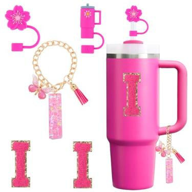 Imagem de Conjunto de acessórios para copo Stanley Cup 850 g 1,134 g copo com alça, incluindo tampa de cobertura de palha de silicone, pingente de alça, adesivo de iniciais fúcsia (I)