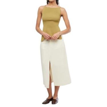 Imagem de WEWOREWHAT Saia midi de mistura de linho com fenda frontal, Branco antigo, M