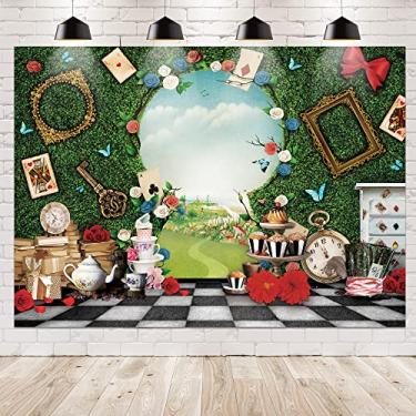 Imagem de Newsely Wonderland Pano de fundo de chá de cerca verde 7Lx5H fotografia infantil conto de fadas fundo grama chave quadriculado planta floral para chá de bebê, decorações de festa banner cabine de fotos adereços suprimentos