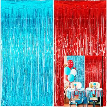 Imagem de Dr Seuss Gato de Chapéu Decorações de Festa de Aniversário/Chá de Bebê Dr Seuss/Coisa Um e Dois Aniversários/Cortinas de Folha de Franja Azul Vermelha Pano de Fundo Decorações de Festa de Carnaval Circo / Formatura de Enfermeira
