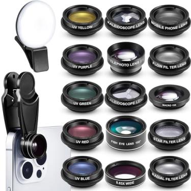 Imagem de Copkim Kit de lentes de câmera de telefone 16 em 1 com luz de selfie clipe universal para celular olho de peixe de 198 graus macro caleidoscópio macro angular acessórios de lente CPL compatíveis com