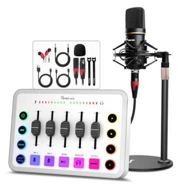 Imagem de Hayner-Seek Conjunto De Mixer Áudio Para Jogos, Interface Rgb Xlr Com Microfone Condensador 48 V, 5 Canais, Fader Volume, Botão Mudo Streaming, Gravação, Kit Equipamentos Podcast - Branco