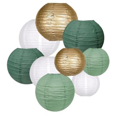 Imagem de Lanternas de papel decorativas, lanternas de papel redondas penduradas decorações de festa para formatura casamento chá de bebê tema selva tropical decorações de festa de aniversário verde sálvia/ouro