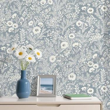 Imagem de Micpolo Papel de parede azul Descole e cole papel de parede floral azul para quarto/banheiro vintage Boho papel de contato removível decoração de parede forros/armários rolo de vinil 43,9 cm x 500,4