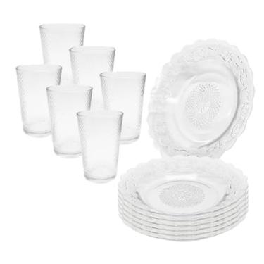 Imagem de Jogo 12 Peças Aparelho de Jantar 6 Pratos Fundo Liso Vidro + 6 Copos Latino
