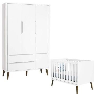 Imagem de Berço Americano E Guarda Roupa 3 Portas Infantil Theo Branco Acetinado Com Pés Amadeirado - Reller