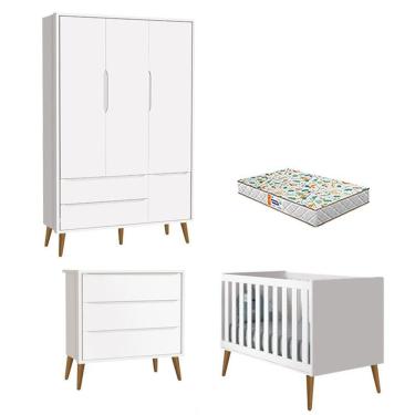 Imagem de Quarto De Bebê 3 Portas E Cômoda Gaveteiro Theo Branco Pés Amadeirados Com Colchão Gazin - Reller