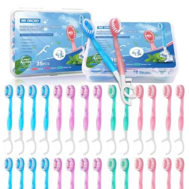 Imagem de Pacote com 70 mini escovas de dentes descartáveis com pasta de dente, raspador de língua, fio dental, 5 em 1, escova de dentes portátil para viagem, caixa embalada individualmente, pequena escova de