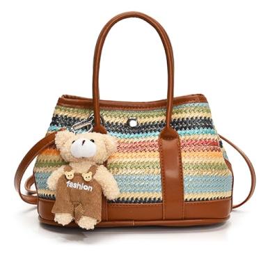 Imagem de QTKJ Bolsa de praia de palha para mulheres, sacola colorida de grande capacidade, com chaveiro fofo, bolsa para férias, viagens, diariamente (estilos 308