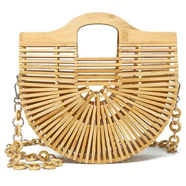 Imagem de Miuco Sacolas de bambu com alça superior, bolsas feitas à mão, bolsas de praia com corrente, Natural, Small
