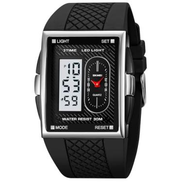 Imagem de Gosasa Relógio de pulso masculino analógico digital moderno, com mostrador quadrado, mostrador duplo, casual, multifuncional, com alarme, à prova d'água, LED luminoso, Prata, Esporte/moda