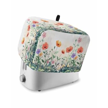 Imagem de Capa de torradeira para cozinha, 2 fatias, flores coloridas, plantas, aquarela, panificador, capa para torradeiras, protetor de impressões digitais, lavável, cozinha, pequena capa para