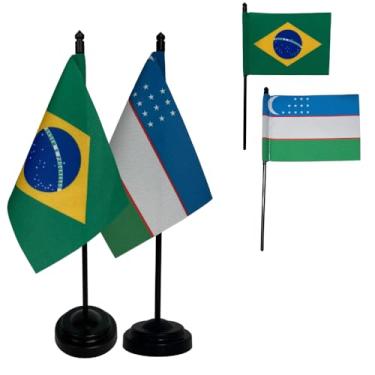 Imagem de Kit Bandeiras de Mesa Brasil e Uzbequistão, Base e Haste em Plástico Preto, Tecido Oxford, Uma Face