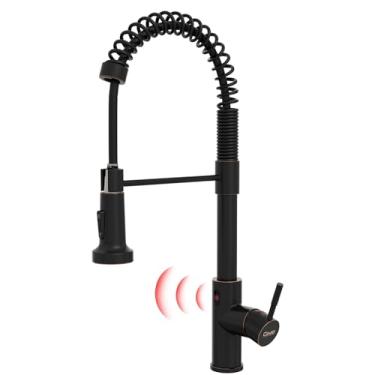 Imagem de GIMILI Torneira de cozinha de bronze polido a óleo sem toque com pulverizador de puxar para baixo, sensor de movimento inteligente, torneira de mola de furo único ativada mãos-livres para pia de