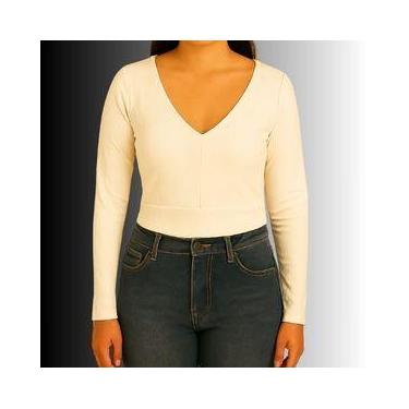 Imagem de Blusa Feminina Canelada Manga Longa Decote V Cintura Ajustada Gris- Ca