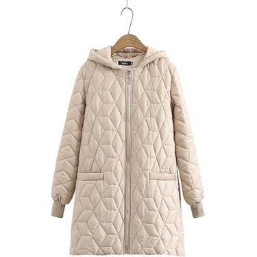 Imagem de Casacos Femininos Jaqueta Feminina Leve Impermeável Com Capuz Grande Casaco De Algodão Com Capuz Comprimento Médio Fino E Quente, Beige, XL
