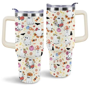 Imagem de aienssfwe Copo de Halloween, lindo copo fantasma de abóbora com alça e canudo, garrafa de água isolada de aço inoxidável de 1,134 g, presentes de Halloween para mulheres