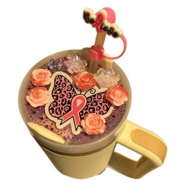 Imagem de Lindo pingente de conscientização do câncer de mama para acessórios Stanley Cup 1,134 g copo com tampa de palha de silicone e placa de tampa presentes para mulheres (rosa escuro, 1,134 g)