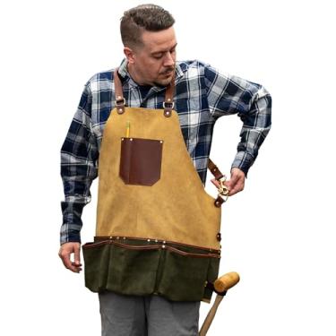 Imagem de Kings County Tools Avental de loja - Avental de camurça premium e carpintaria, carpinteiros, cozinha ou churrasco para homens com 7 bolsos, alças cruzadas e fixadores de latão - Presentes de couro