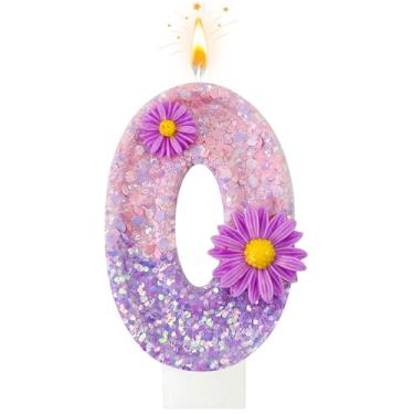 Imagem de Velas de aniversário de flores roxas, velas de aniversário número 0 para bolo, adequadas para festas de aniversário de desenho animado, decoração de bolos, aniversário de casamento e outros