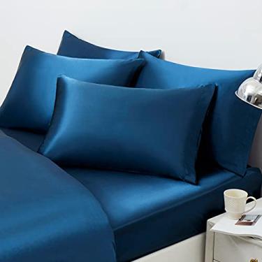 Imagem de Ersmak Fronha de cetim Queen conjunto de 4, fronhas de cetim ultra macias e sedosas para cabelo e pele, capas de almofada resistentes a desbotamento com fecho de envelope (azul marinho)