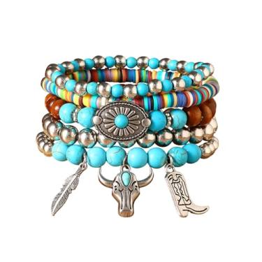 Imagem de Waist Wow Pulseira turquesa feminina boho vintage vaqueira ocidental pulseira elástica turquesa joia, One Size, Liga de aço Pedra preciosa, Safira criada