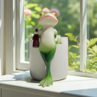 Imagem de JARPSIRY Estátua engraçada de sapo bebendo, vaso de flores, abraçador de resina, sapo pendurado, estatueta, vaso decorativo, para casa, jardim, cerca, varanda, pátio, gramado, quintal ornamentos