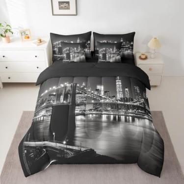 Imagem de jejeloiu Conjunto de cama king size moderno com ponte urbana, 7 peças, decoração de edifício alto, para crianças, meninos, meninas, em uma bolsa com edredom, lençóis, fronhas, iluminação respirável