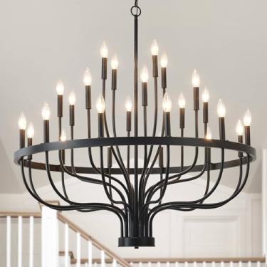 Imagem de HHR Lustre De 40 Polegadas Para Hall De Entrada, Teto Alto, 24 Luzes, Luminárias De Velas, Lustres Pretos Modernos Para Sala De Jantar, Quarto, Corredor, Cozinha, Sala De Estar