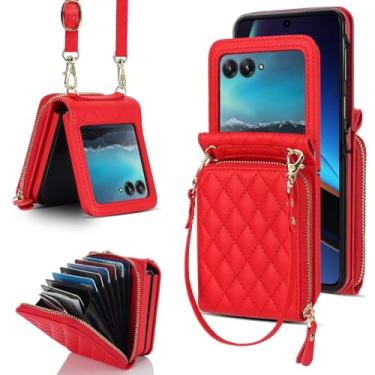 Imagem de AJDJTEN Capa de telefone para Motorola Razr 50 Ultra, capa tipo carteira transversal com 8 compartimentos para cartões, alça ajustável, capa protetora de couro sintético macio com zíper para Motorola